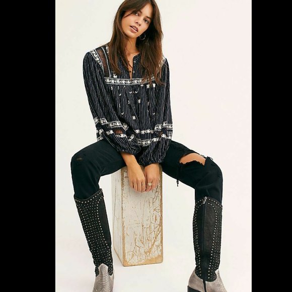 Free People All Roads Lead To You Navy Blouse - Picture 6 of 8